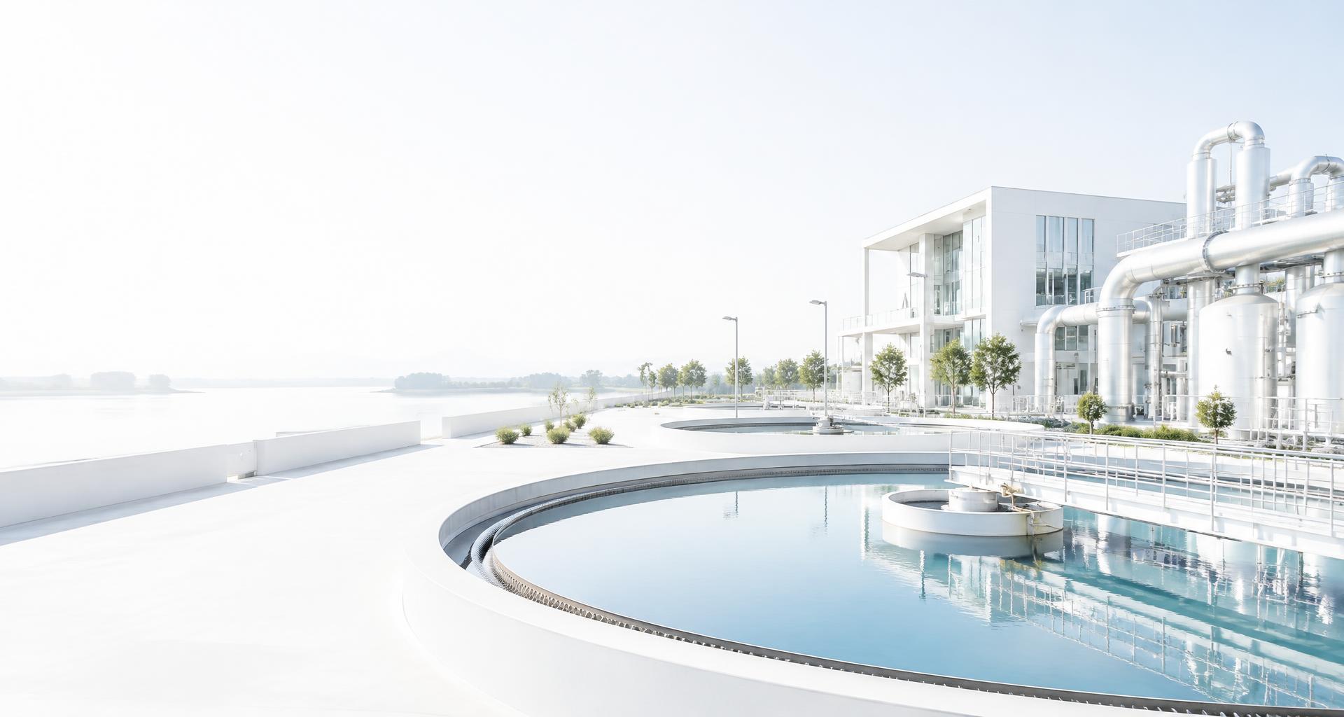 Modern utility infrastructure with water reservoirs and industrial pipework